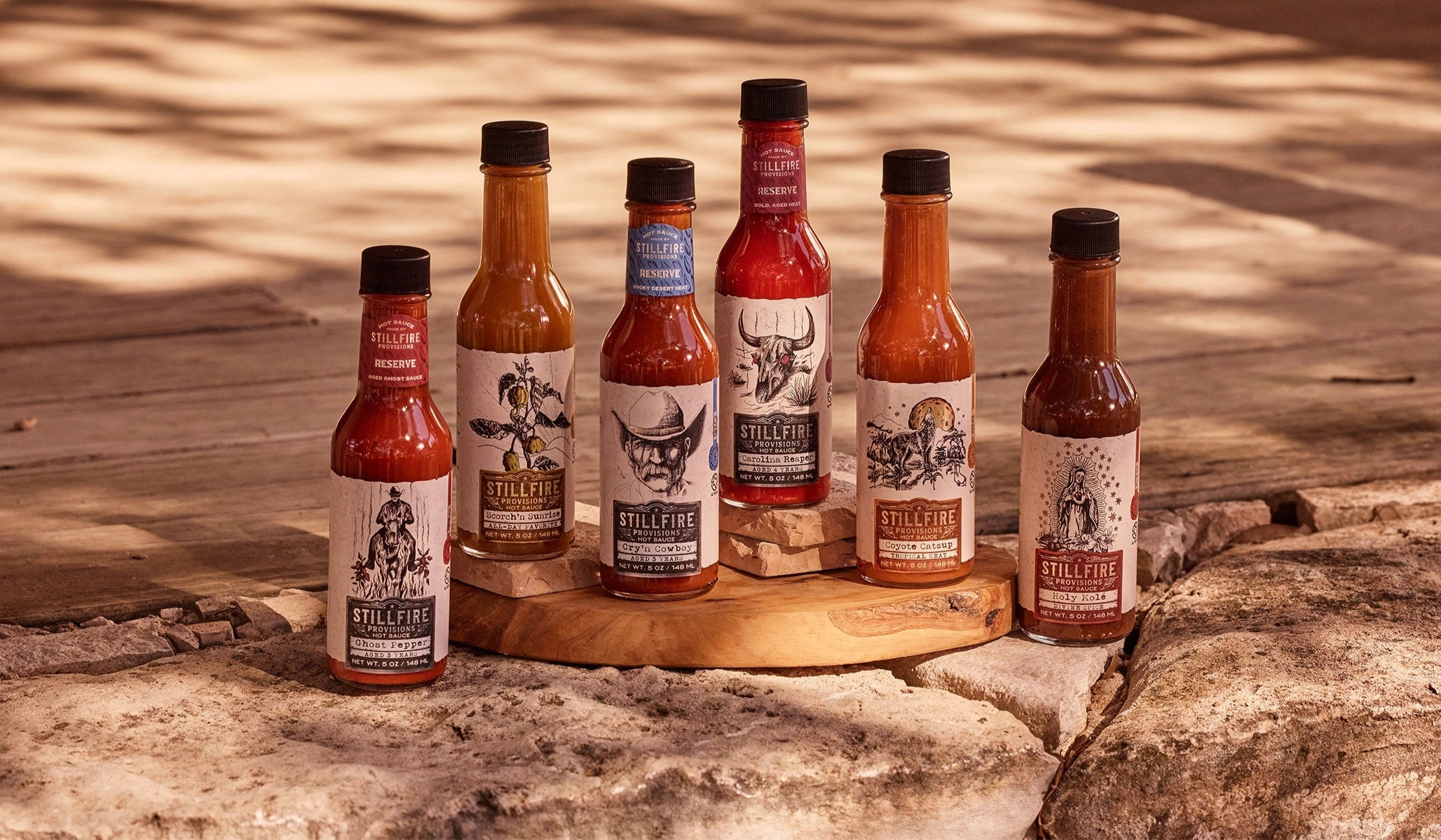 Hot Sauce Collection on a wood porch