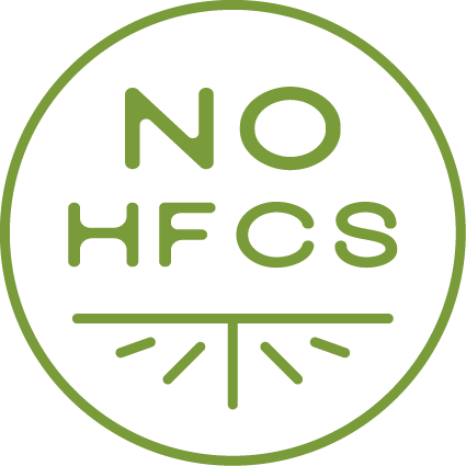 Circular logo with 'NO HFCS' text in green on a white background