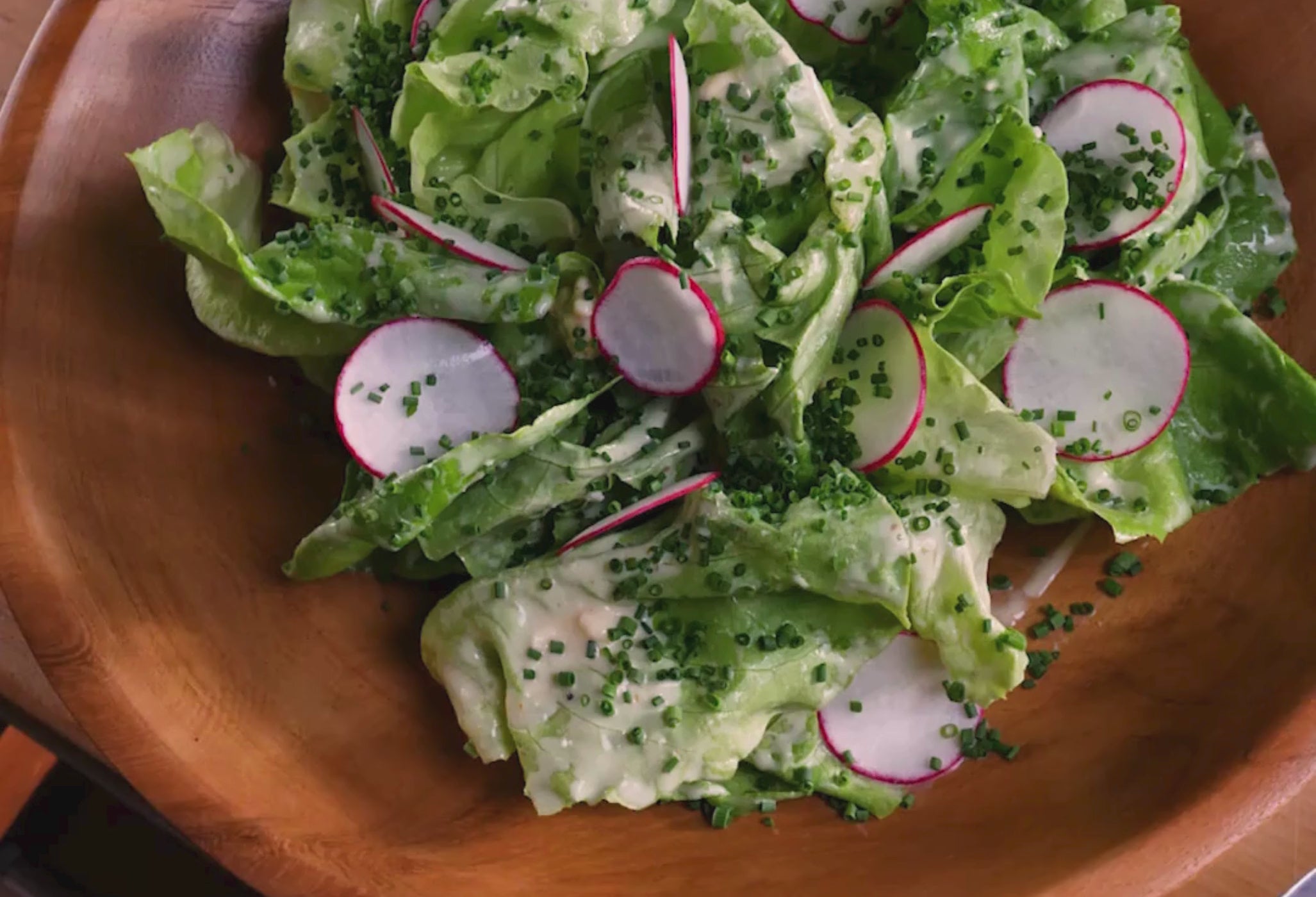 Butter Lettuce Salad in a wood bowl