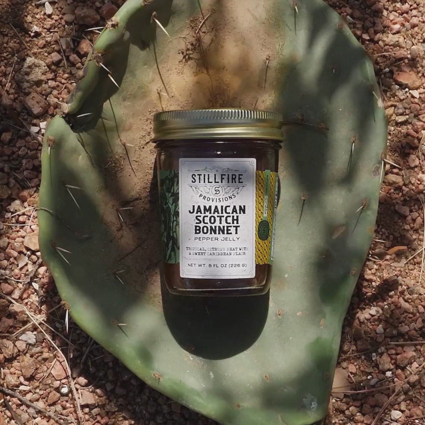 Jamaican Scotch Bonnet Pepper Jelly in a jar, shown on a cactus-themed background.